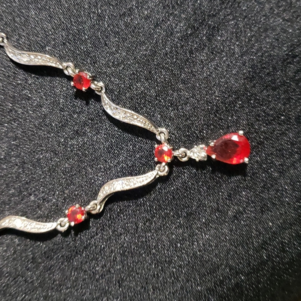 Silver Tone Red Stones and Rhinestone Necklace
